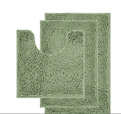 Long hair chenille three-piece bathroom carpet set showing U-shaped toilet mat and two rectangular mats in modern style.