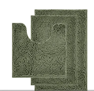 Long hair chenille three-piece bathroom carpet set showing U-shaped toilet mat and two rectangular mats in modern style.