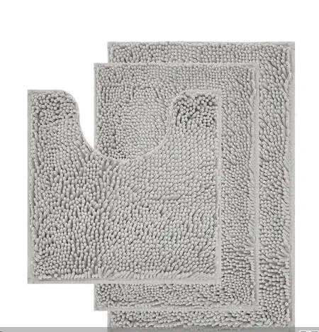 Long hair chenille three-piece bathroom carpet set showing U-shaped toilet mat and two rectangular mats in modern style.