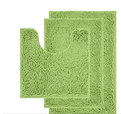 Long hair chenille three-piece bathroom carpet set showing U-shaped toilet mat and two rectangular mats in modern style.