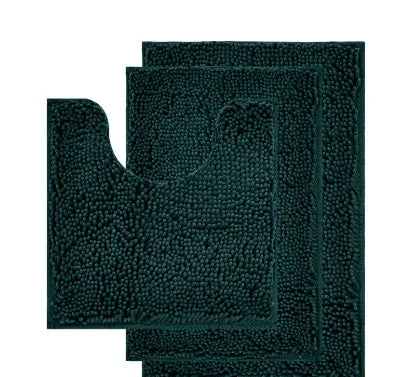 Long hair chenille three-piece bathroom carpet set showing U-shaped toilet mat and two rectangular mats in modern style.