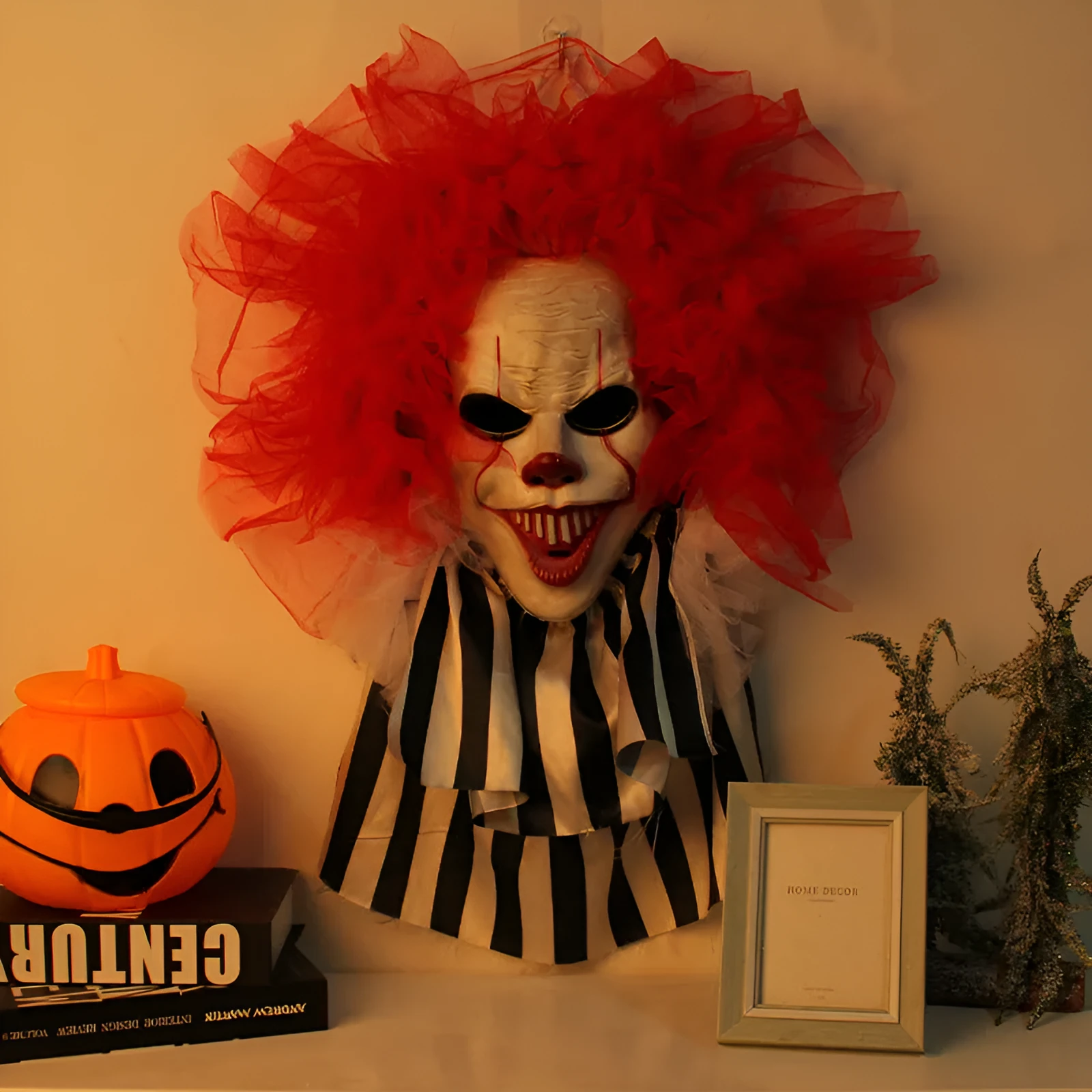 Red clown horror wreath door hanging decoration made of cloth for Halloween party