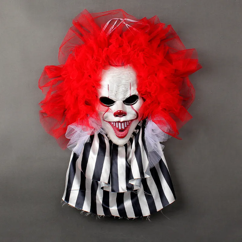 Red clown horror wreath door hanging decoration made of cloth for Halloween party