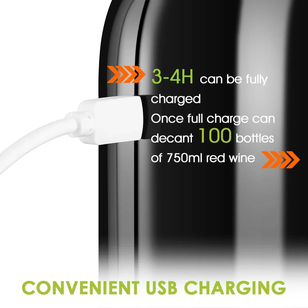 Portable electric wine pourer with black body, food-grade silicone catheter, and red light near a glass of red wine