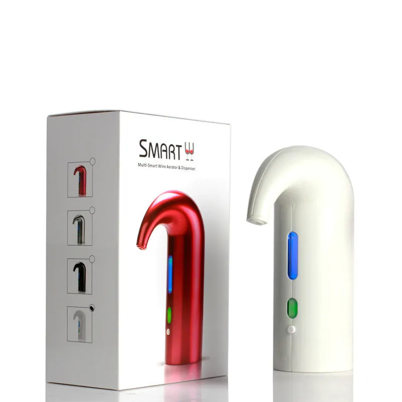Portable electric wine pourer with black body, food-grade silicone catheter, and red light near a glass of red wine