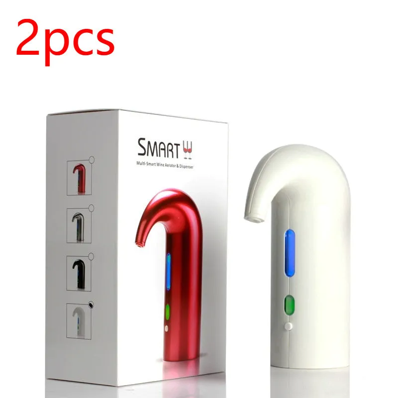 Portable electric wine pourer with black body, food-grade silicone catheter, and red light near a glass of red wine