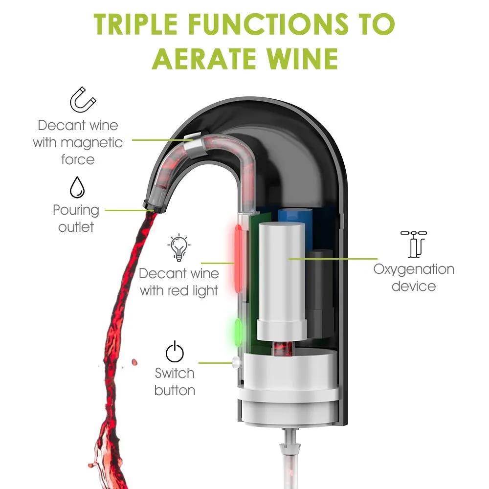 Portable electric wine pourer with black body, food-grade silicone catheter, and red light near a glass of red wine