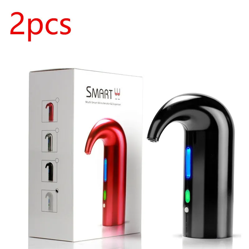 Portable electric wine pourer with black body, food-grade silicone catheter, and red light near a glass of red wine