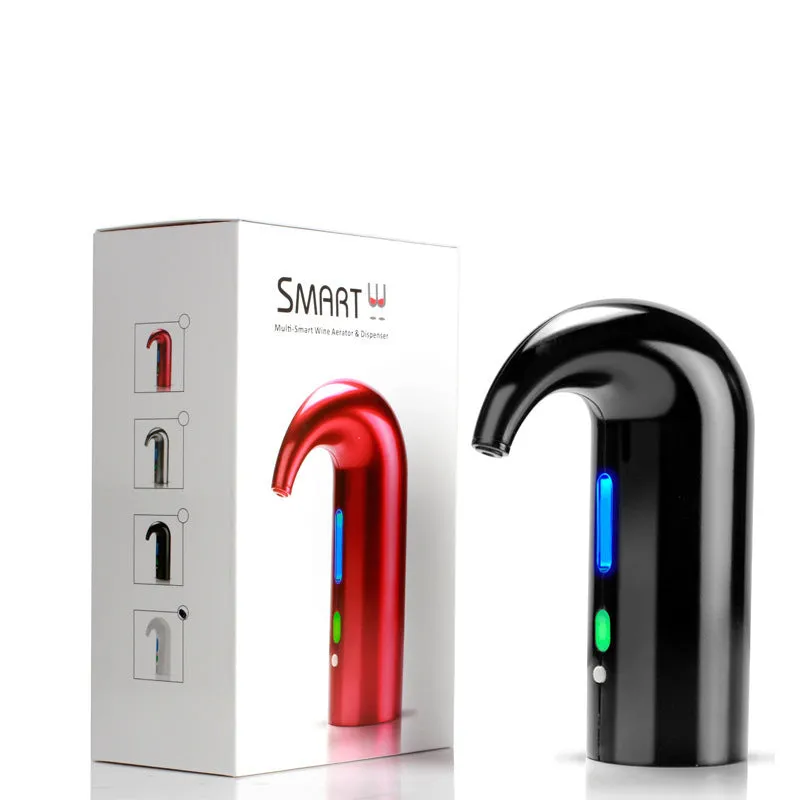 Portable electric wine pourer with black body, food-grade silicone catheter, and red light near a glass of red wine