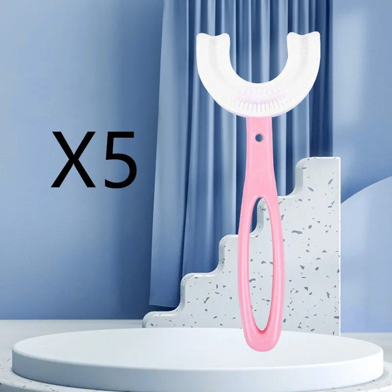 Children's U-shaped food grade soft rubber toothbrush in pink and blue for ages 2-12