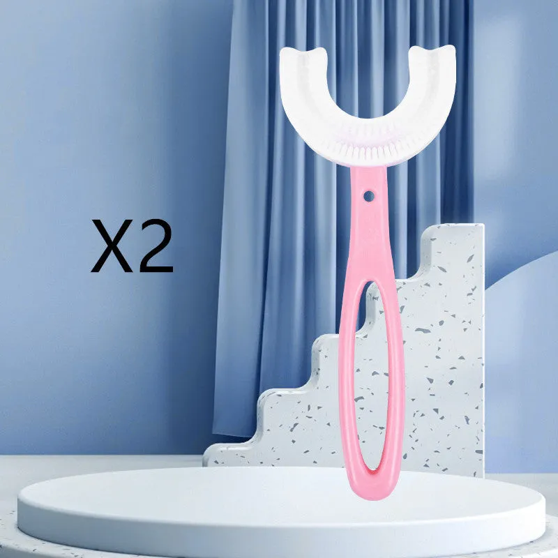 Children's U-shaped food grade soft rubber toothbrush in pink and blue for ages 2-12