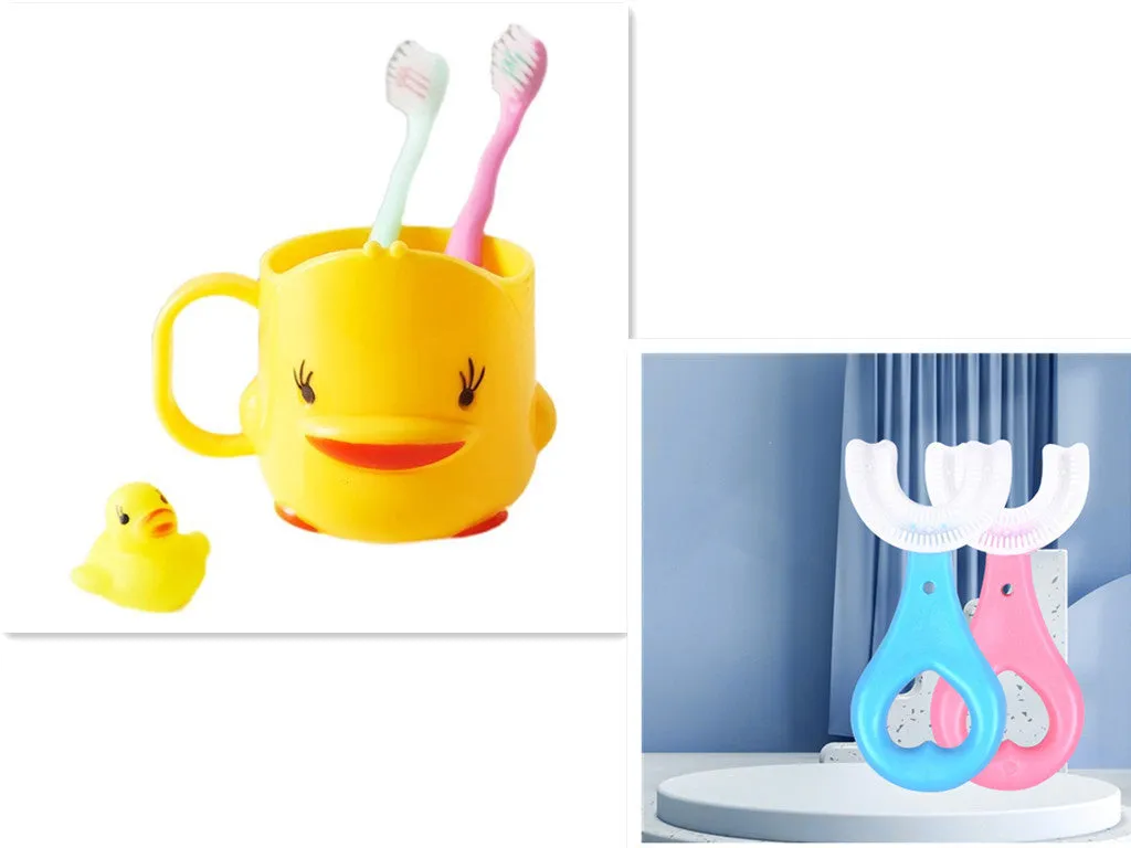 Children's U-shaped food grade soft rubber toothbrush in pink and blue for ages 2-12