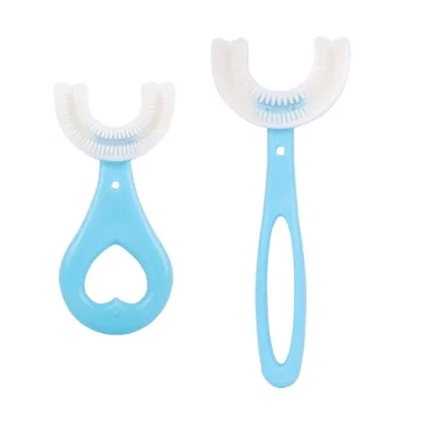 Children's U-shaped food grade soft rubber toothbrush in pink and blue for ages 2-12