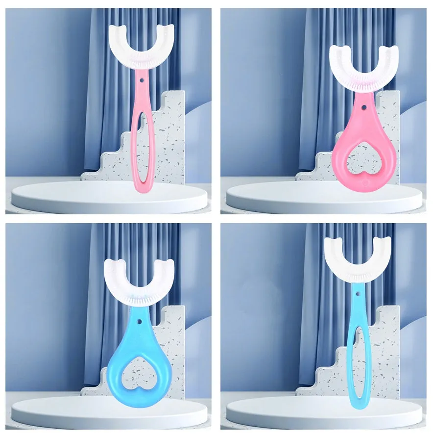 Children's U-shaped food grade soft rubber toothbrush in pink and blue for ages 2-12