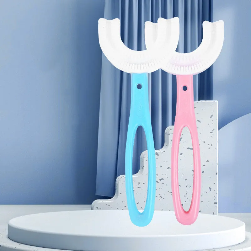 Children's U-shaped food grade soft rubber toothbrush in pink and blue for ages 2-12