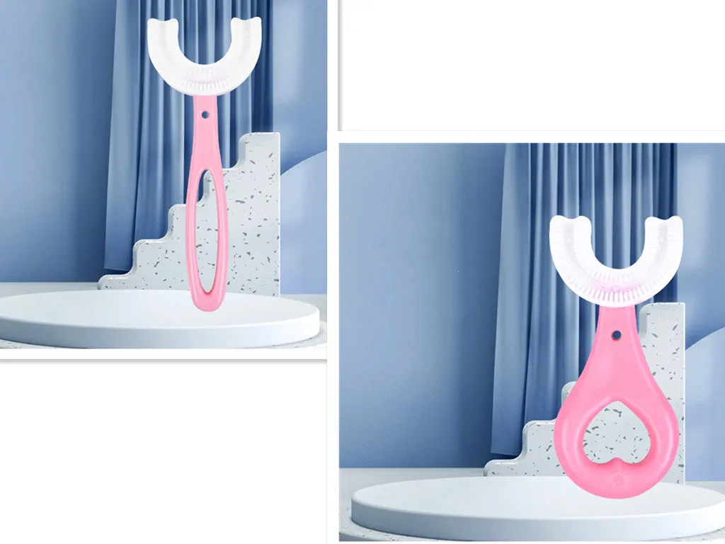 Children's U-shaped food grade soft rubber toothbrush in pink and blue for ages 2-12