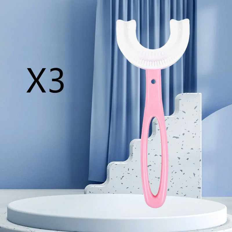 Children's U-shaped food grade soft rubber toothbrush in pink and blue for ages 2-12