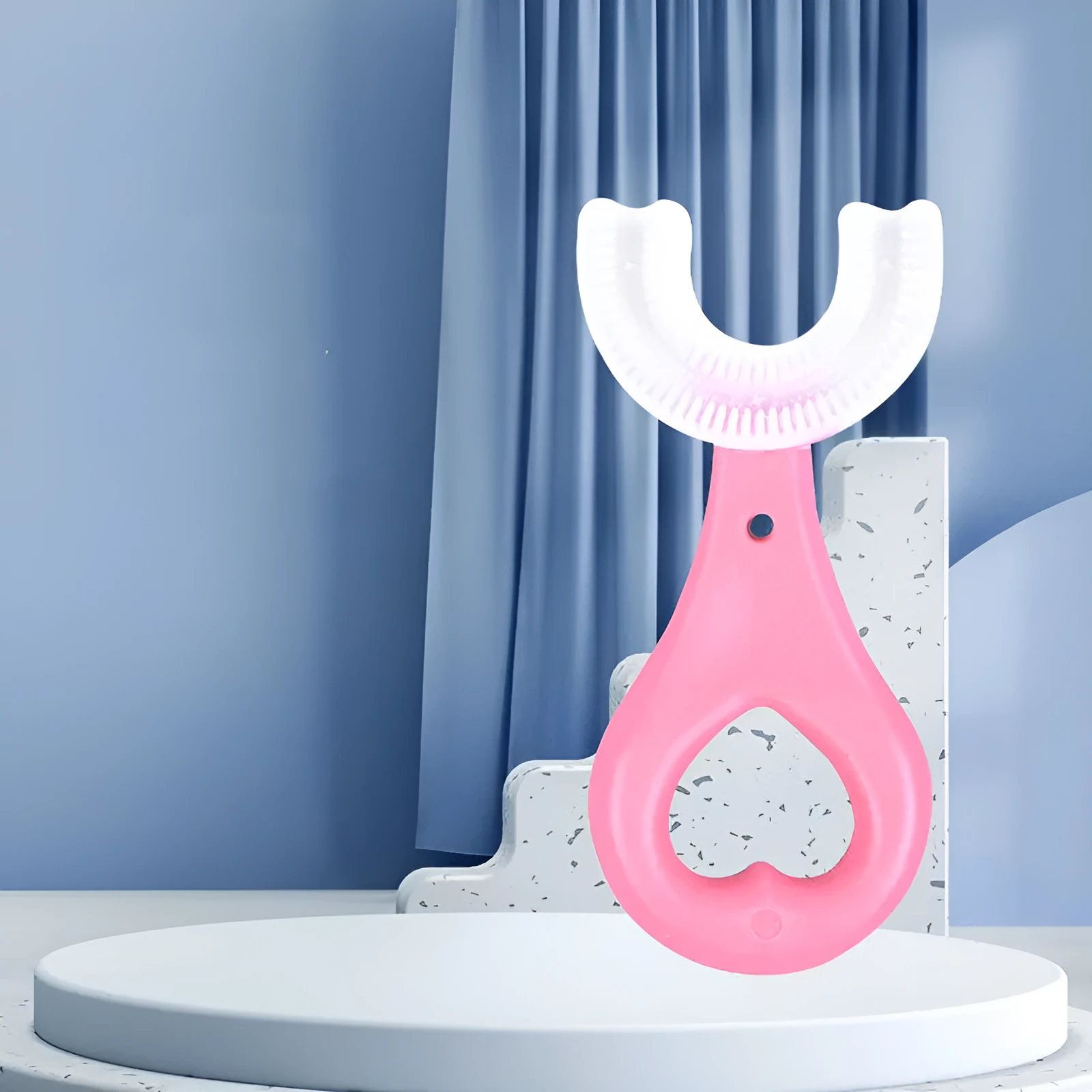 Children's U-shaped food grade soft rubber toothbrush in pink and blue for ages 2-12