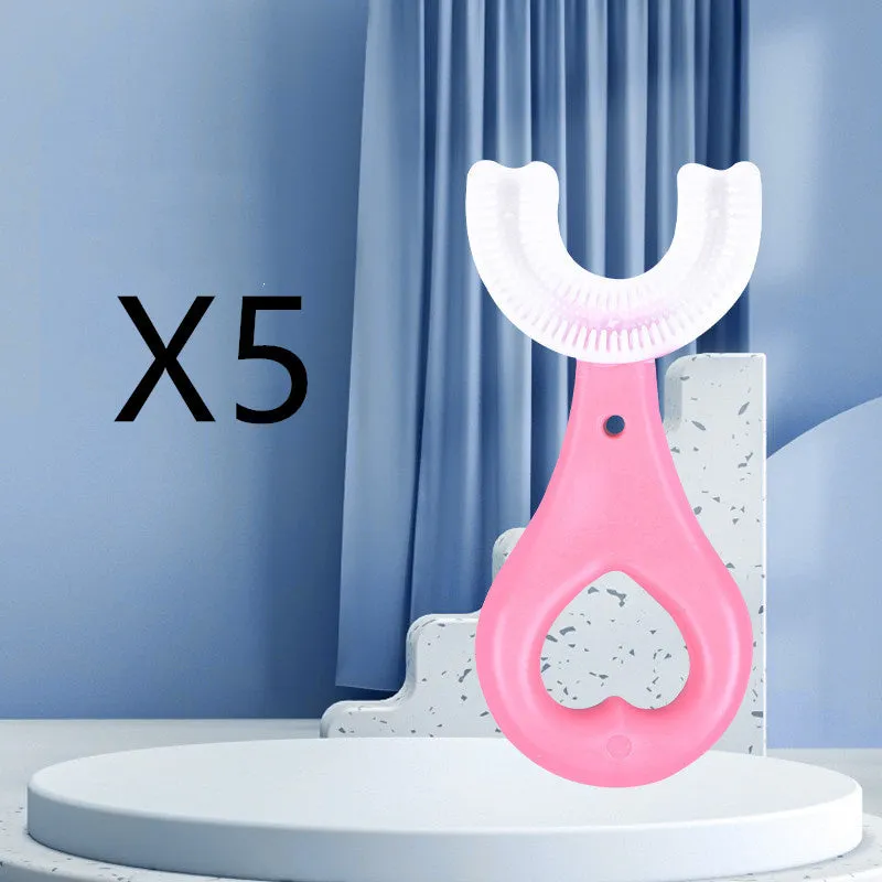Children's U-shaped food grade soft rubber toothbrush in pink and blue for ages 2-12