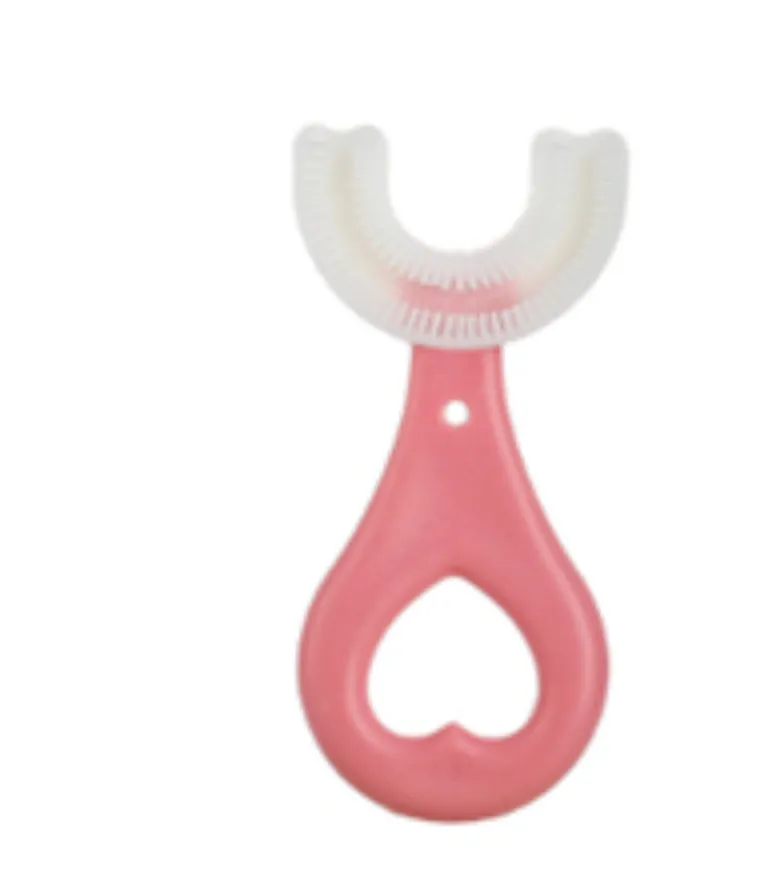 Children's U-shaped food grade soft rubber toothbrush in pink and blue for ages 2-12