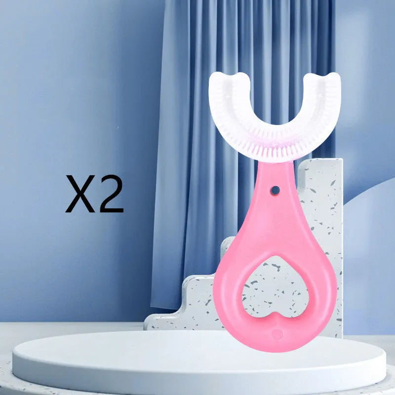 Children's U-shaped food grade soft rubber toothbrush in pink and blue for ages 2-12