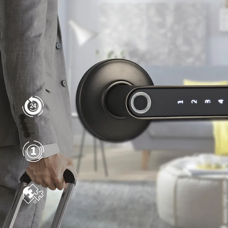 Black alloy smart lock with fingerprint sensor and Bluetooth app control for keyless door security