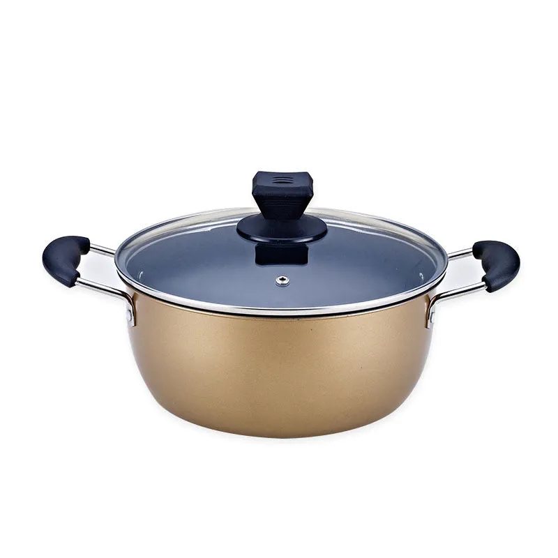 Three-piece cast iron cookware set with soup pot, milk pot and wok featuring non-stick coating