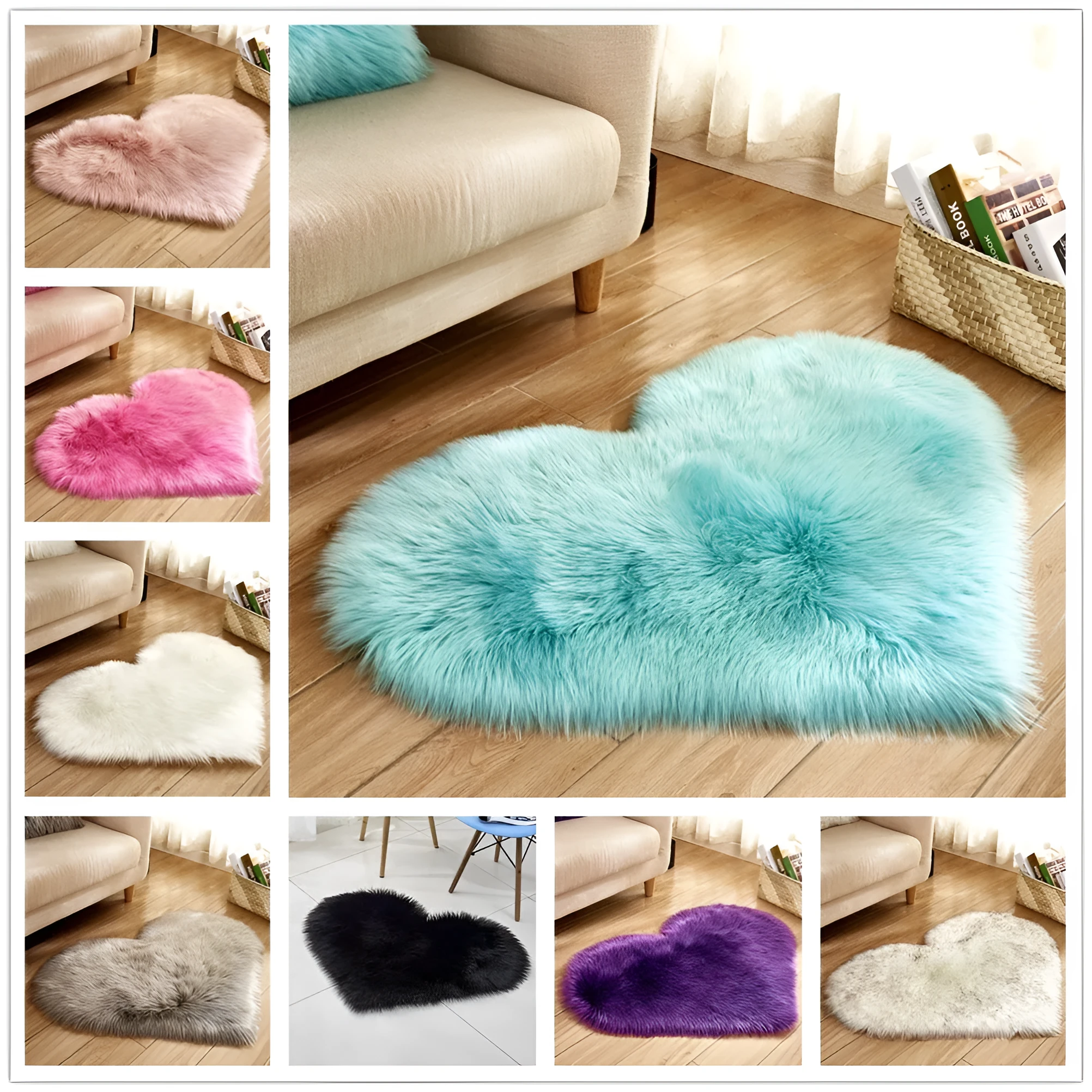 Plush heart-shaped carpet with 5-6 cm pile in navy blue colour on wooden floor