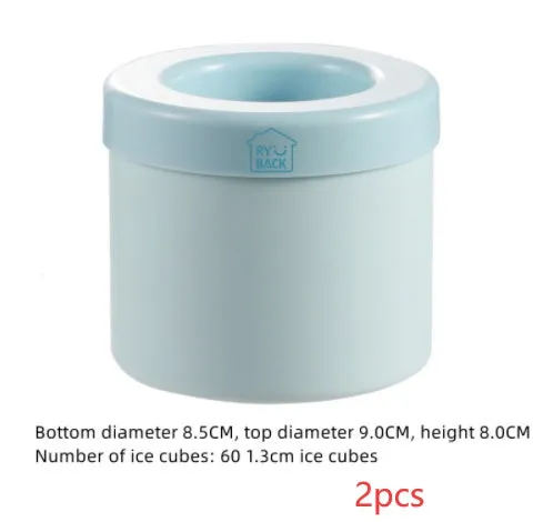 Blue-green portable 2-in-1 ice bucket and mould with lid showing 9 cm diameter and quick-freeze design