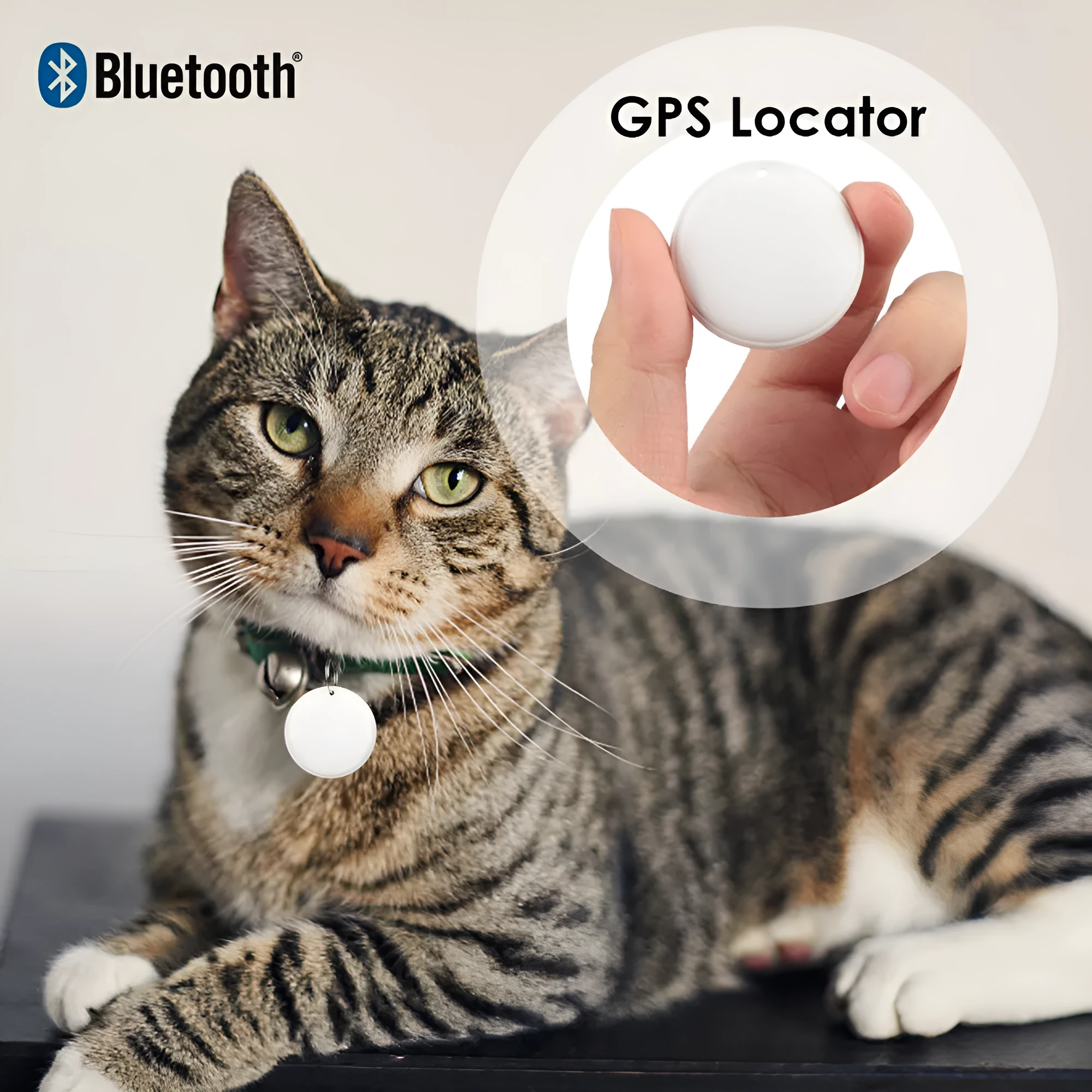 White and black GPS tracker for pets and keys with hanging rope attachment