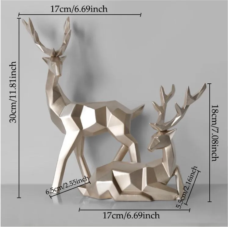 Set of three modern resin deer statues in graduated sizes on a shelf
