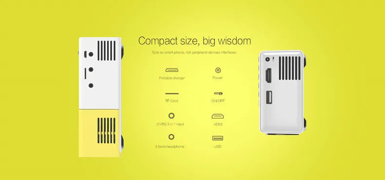 HD 1080P mini projector in black, blue, or yellow with compact design measuring 126.4*85.8*47.7mm