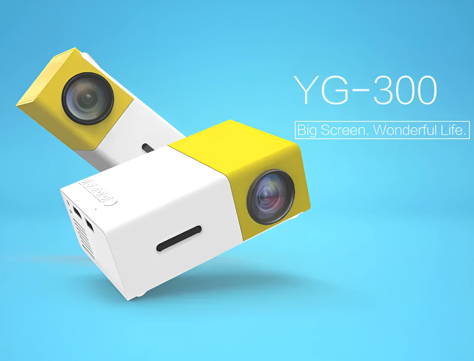 HD 1080P mini projector in black, blue, or yellow with compact design measuring 126.4*85.8*47.7mm