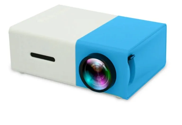 HD 1080P mini projector in black, blue, or yellow with compact design measuring 126.4*85.8*47.7mm