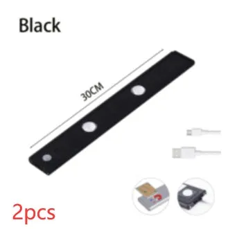 Ultra-thin USB LED night light with motion sensor in silver or black, showing magnet attachment for cabinets