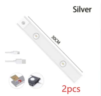 Ultra-thin USB LED night light with motion sensor in silver or black, showing magnet attachment for cabinets