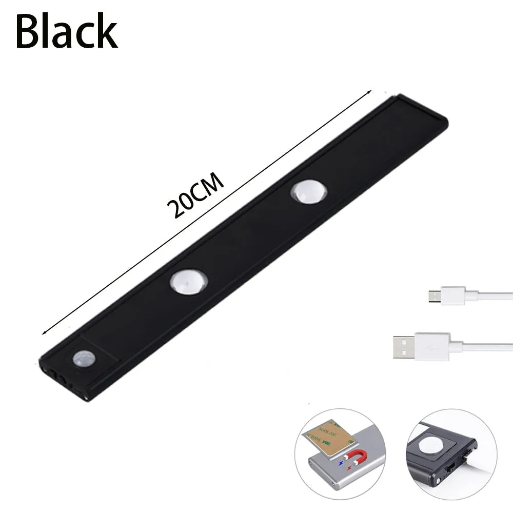 Ultra-thin USB LED night light with motion sensor in silver or black, showing magnet attachment for cabinets