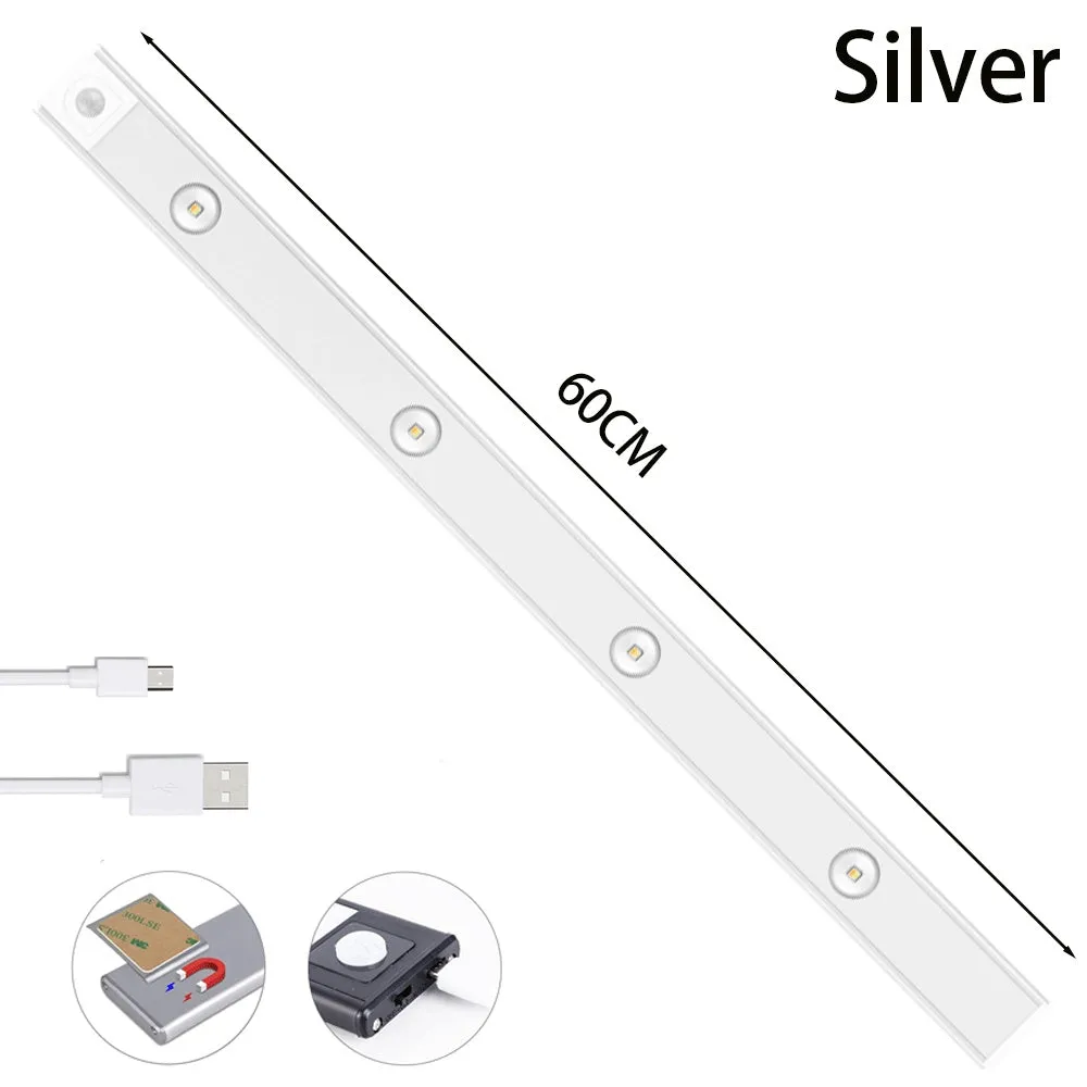 Ultra-thin USB LED night light with motion sensor in silver or black, showing magnet attachment for cabinets