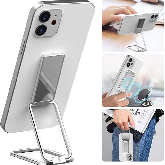 Foldable mobile phone holder with retractable ring buckle in zinc alloy, showing adjustable angle for devices