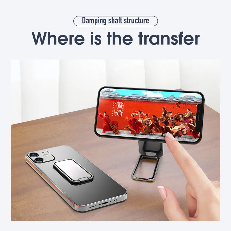Foldable mobile phone holder with retractable ring buckle in zinc alloy, showing adjustable angle for devices