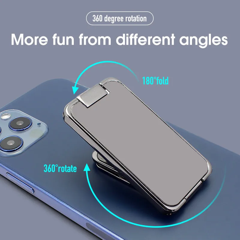 Foldable mobile phone holder with retractable ring buckle in zinc alloy, showing adjustable angle for devices