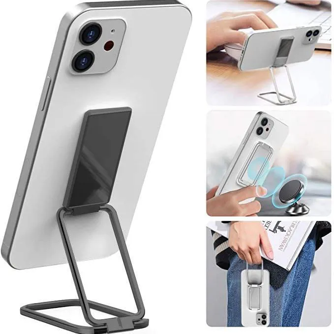 Foldable mobile phone holder with retractable ring buckle in zinc alloy, showing adjustable angle for devices