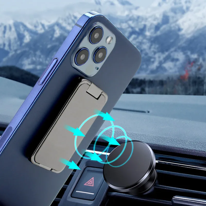 Foldable mobile phone holder with retractable ring buckle in zinc alloy, showing adjustable angle for devices