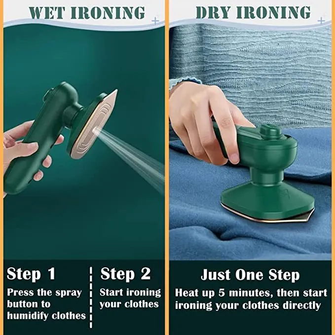 Dark green handheld garment ironing machine with titanium panel and steam function