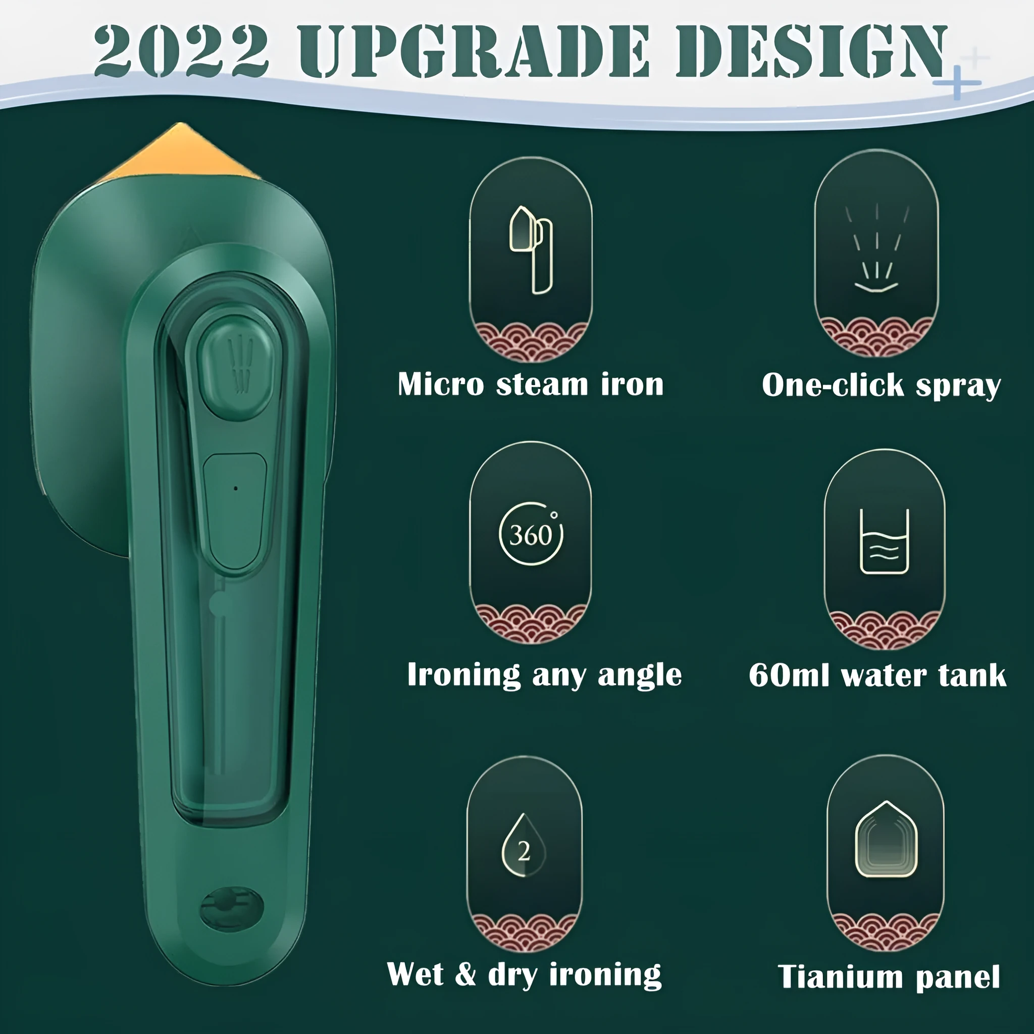 Dark green handheld garment ironing machine with titanium panel and steam function