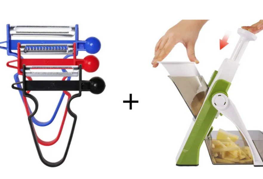 White and blue multifunctional vegetable slicer with stainless steel blades on a kitchen counter