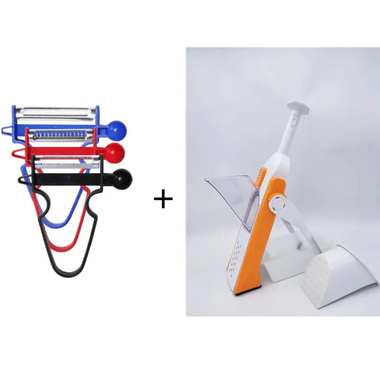 White and blue multifunctional vegetable slicer with stainless steel blades on a kitchen counter