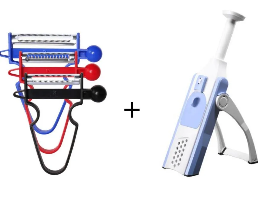 White and blue multifunctional vegetable slicer with stainless steel blades on a kitchen counter