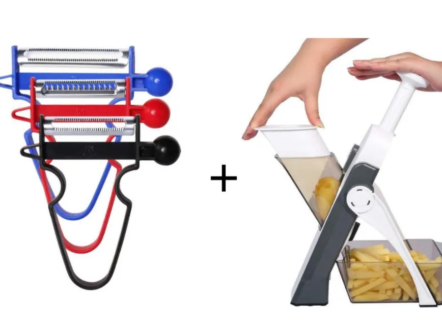 White and blue multifunctional vegetable slicer with stainless steel blades on a kitchen counter