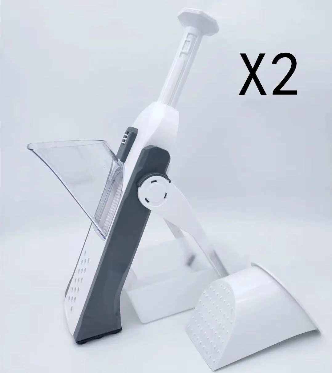 White and blue multifunctional vegetable slicer with stainless steel blades on a kitchen counter